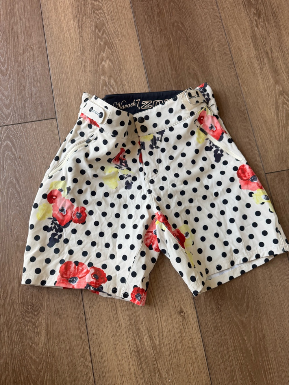 Zoic Polka Dot Floral Bike Shorts - White with Black Dots and Red Flowers